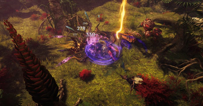 A Sentinel Void Knight uses their purple void powers against a horde of enemies in Last Epoch.
