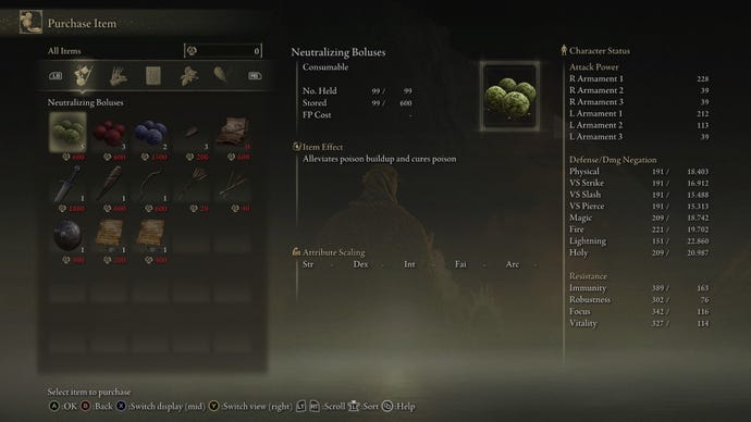 A screenshot showing the Neutralizing Boluses consumable in Elden Ring's menu screen.