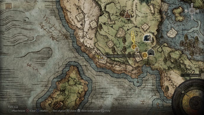 A screenshot showing the location of a Nomadic Merchant by the beach in Elden Ring's Limgrave.