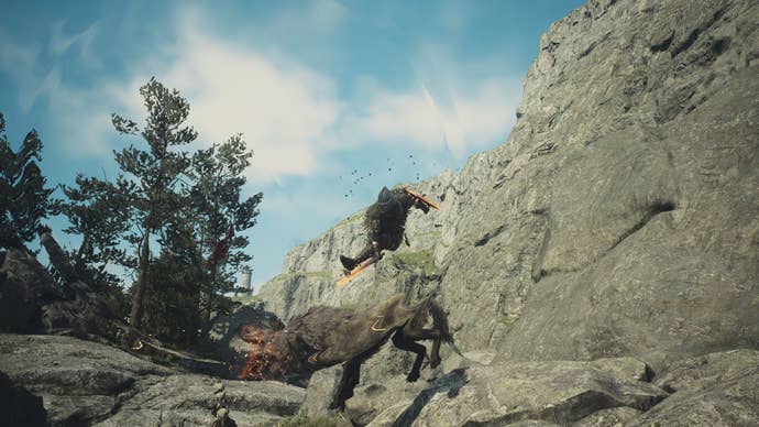 Attacking a wolf with an Airward Slash in Dragon’s Dogma 2.