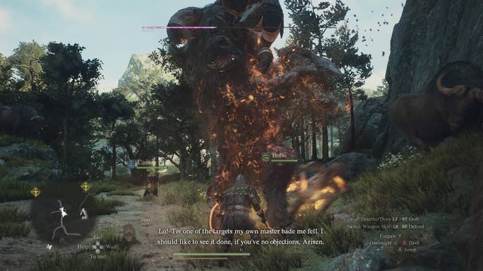 Taking on a minotaur with a host of pawns in Dragon’s Dogma 2.