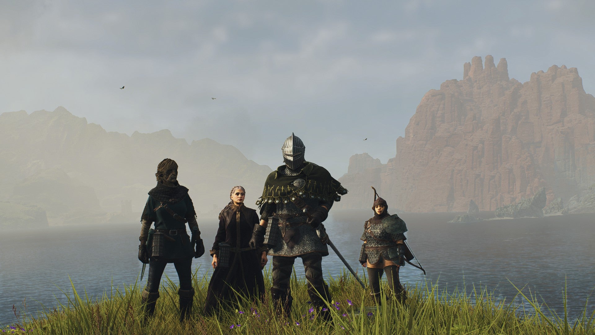 A balanced party stands by a cliff&rsquo;s edge in Dragon&rsquo;s Dogma 2.