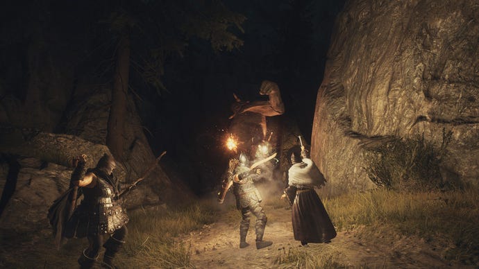 Two archers and a mage take down a cyclops in Dragon's Dogma 2.