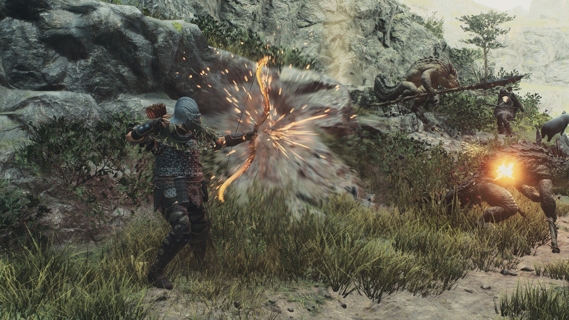 Firing an Exploding Shot at a saurian enemy in Dragon's Dogma 2. - 5