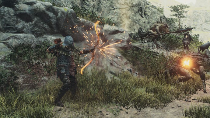 Firing an Exploding Shot at a saurian enemy in Dragon's Dogma 2.