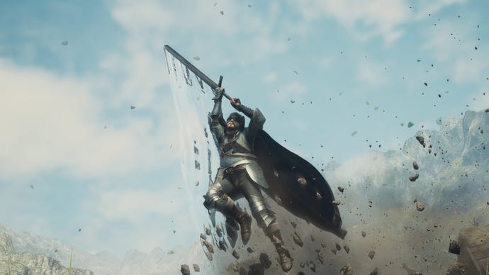 A Warrior uses their Skyward Sunder skill to fly into the sky in Dragon's Dogma 2.