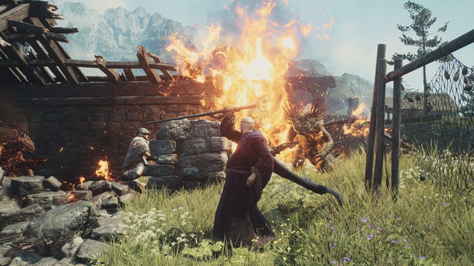 Shooting forth a wave of fire with the Salamander spell in Dragon's Dogma 2.