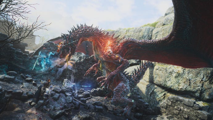 A group of adventurers fight a pus-ridden lesser dragon in Dragon’s Dogma 2.