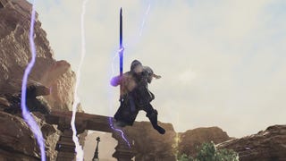 A Mystic Spearhand catapaults through the air in Dragon's Dogma 2.