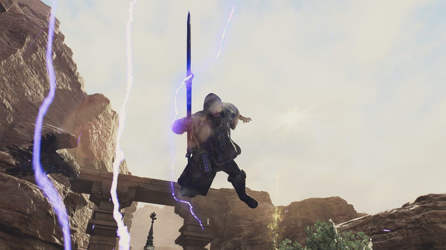 A Mystic Spearhand catapaults through the air in Dragon’s Dogma 2.