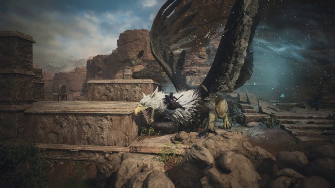 An Arisen battles a griffin in Dragon's Dogma 2, attacking its face with a Duospear.