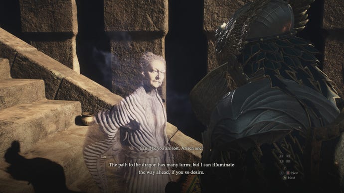 Talking with the Oracle Luz in Dragon's Dogma 2.
