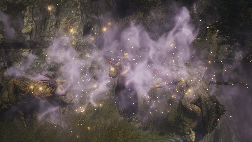 A Trickster confuses several saurians with Censer smoke in Dragon's Dogma 2.