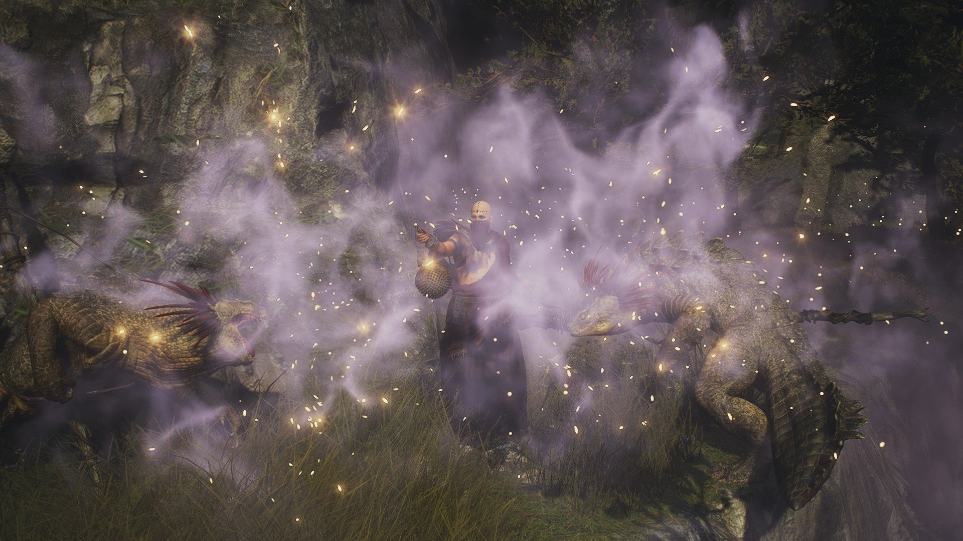 A Trickster confuses several saurians with Censer smoke in Dragon's Dogma 2. - 1