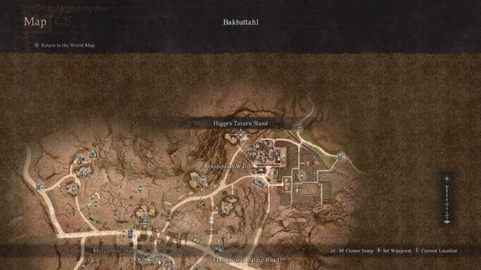 A screenshot of the Dragon’s Dogma 2 map of Bakbattahl, showing Higg’s Tavern Stand.
