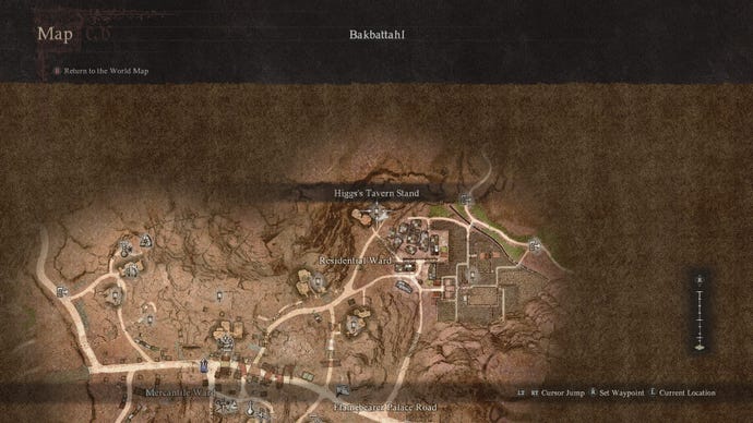 A screenshot of the Dragon's Dogma 2 map of Bakbattahl, showing Higg's Tavern Stand.