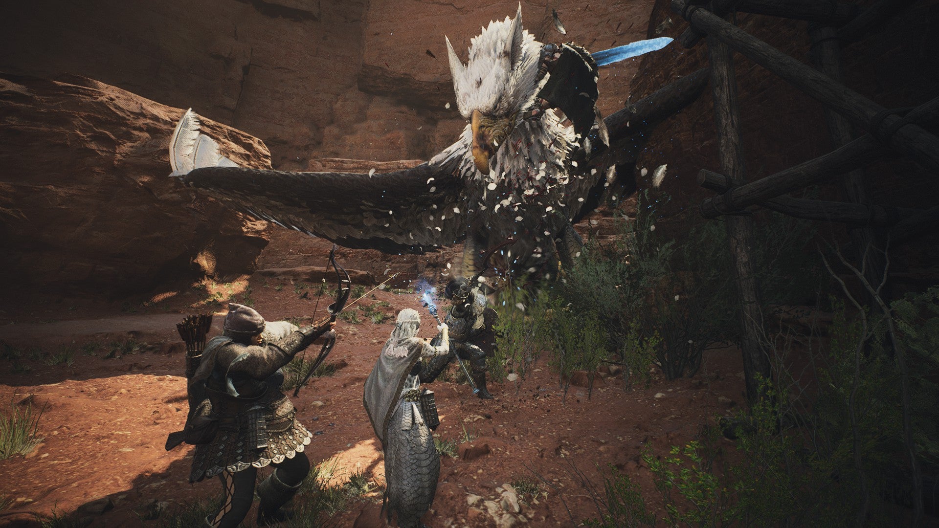 A varied party of pawns and their Arisen battle a griffin in Dragon's Dogma 2. - 14