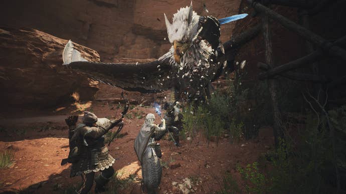 A varied party of pawns and their Arisen battle a griffin in Dragon’s Dogma 2.