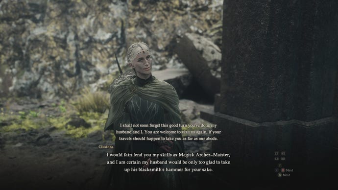 Cliodhna speaks to the player in Dragon's Dogma 2.
