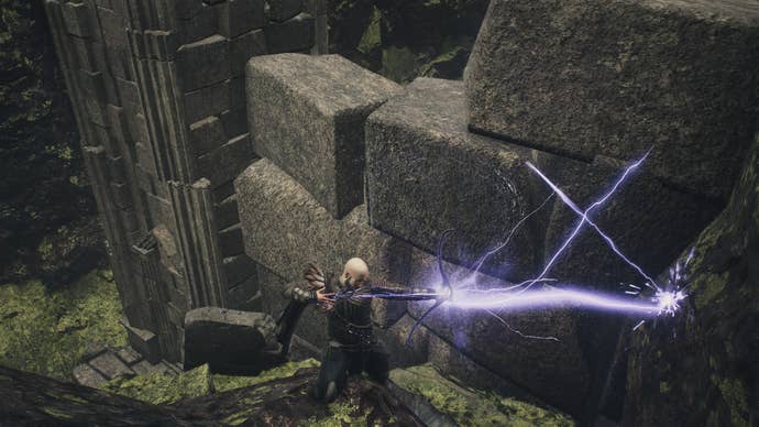 A Magick Archer bounces arrows off of a rocky wall with the Ricochet Arrow skill.