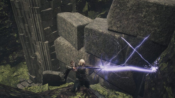 A Magick Archer bounces arrows off of a rocky wall with the Ricochet Arrow skill.