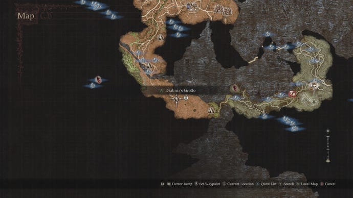 A map showing the location of Drabnir's Grotto in Dragon's Dogma 2.