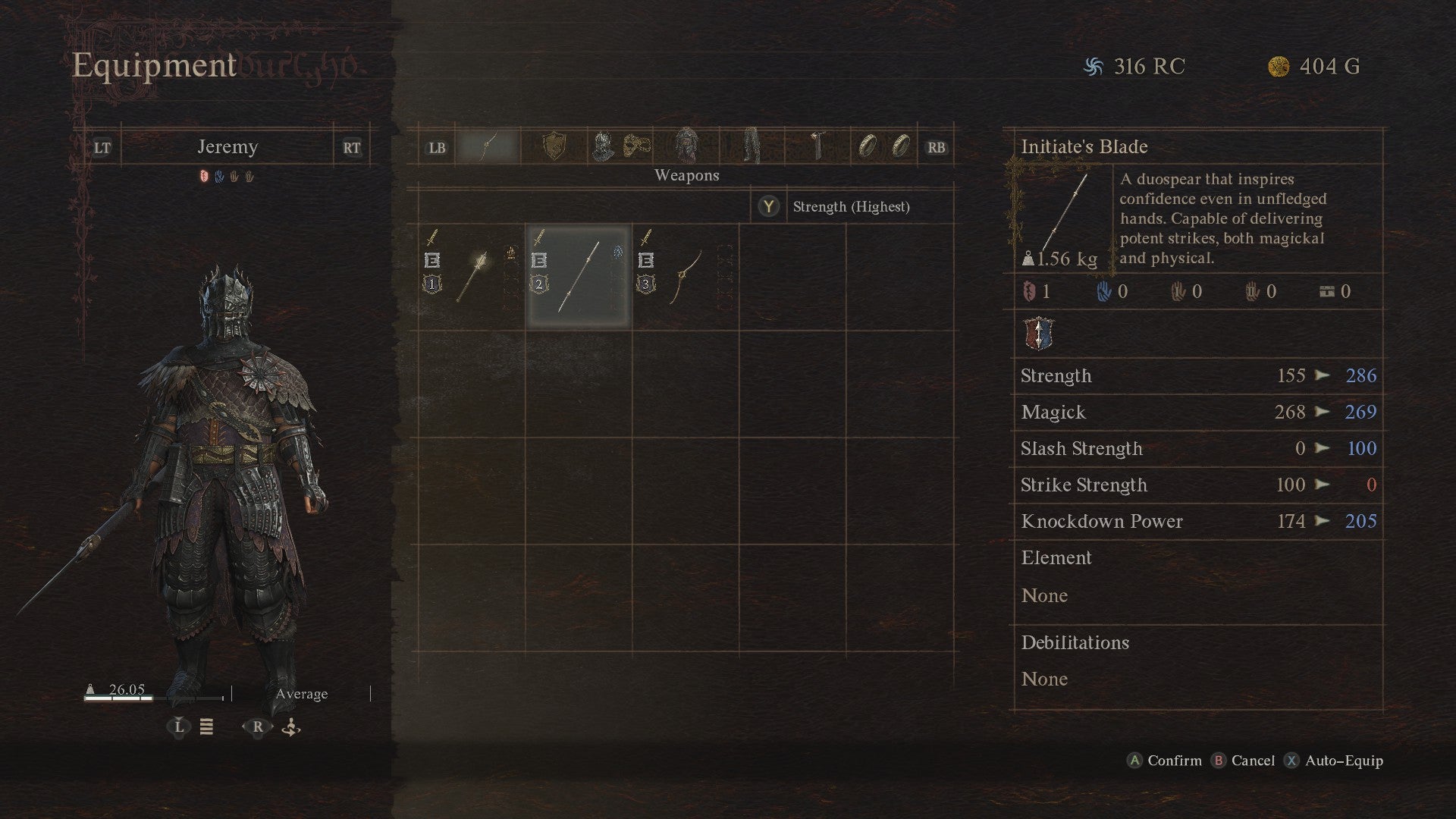 A menu screen in Dragon's Dogma 2, showing the Warfarer equipping a selection of weapons. - 4