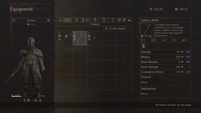 A menu screen in Dragon's Dogma 2, showing the Warfarer equipping a selection of weapons.
