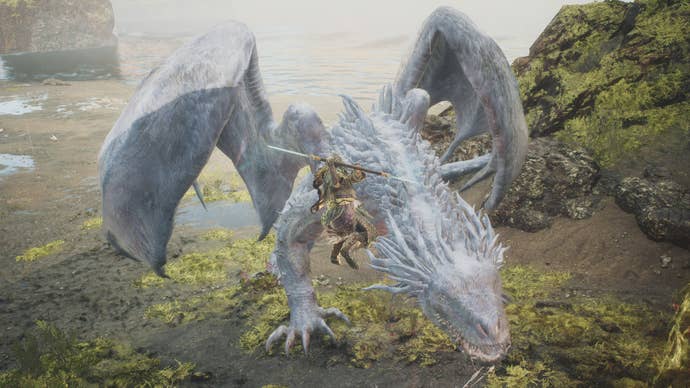 A Mystic Spearhand prepares to land a slash on a drake.