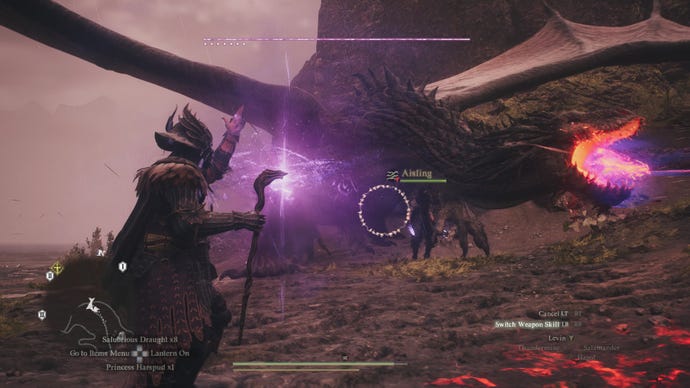 Un Arisen lanza un hechizo contra un draco en Dragon's Dogma 2.