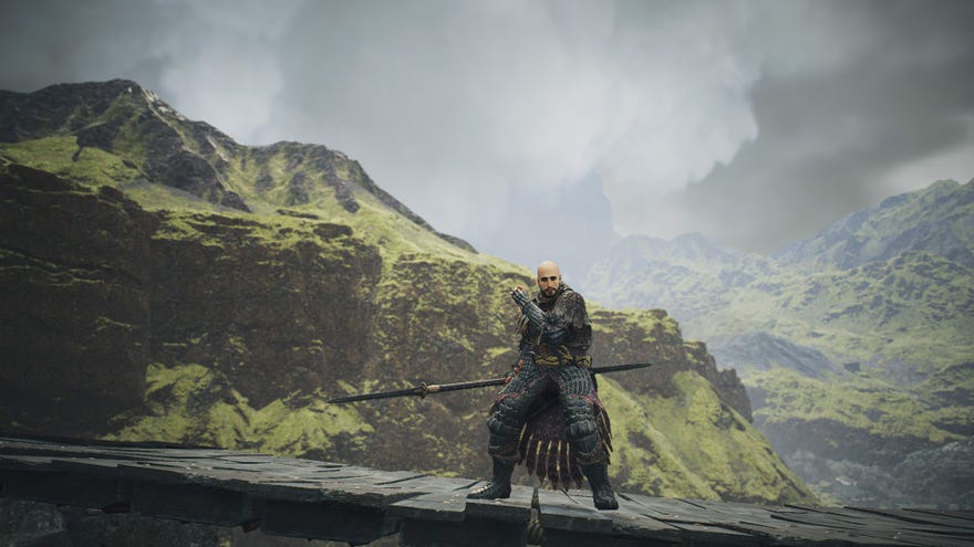 A Warfarer wearing a Fighter's armour but wielding a Mystic Spearhand's weapon stands on a bridge.