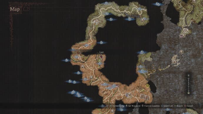 A map of Dragon’s Dogma 2 showing the location of Luz.