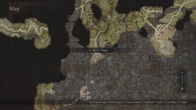 A Dragon’s Dogma 2 map showing Harve Village.