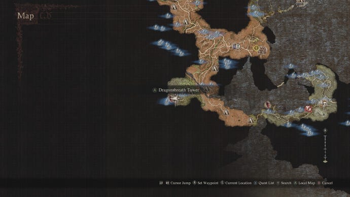 A Dragon’s Dogma 2 map showing Dragonsbreath Tower.