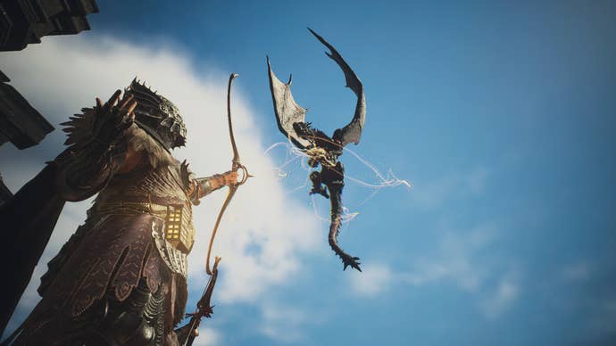 A Warfarer shoots at a drake using a Magikal Bow in Dragon’s Dogma 2.