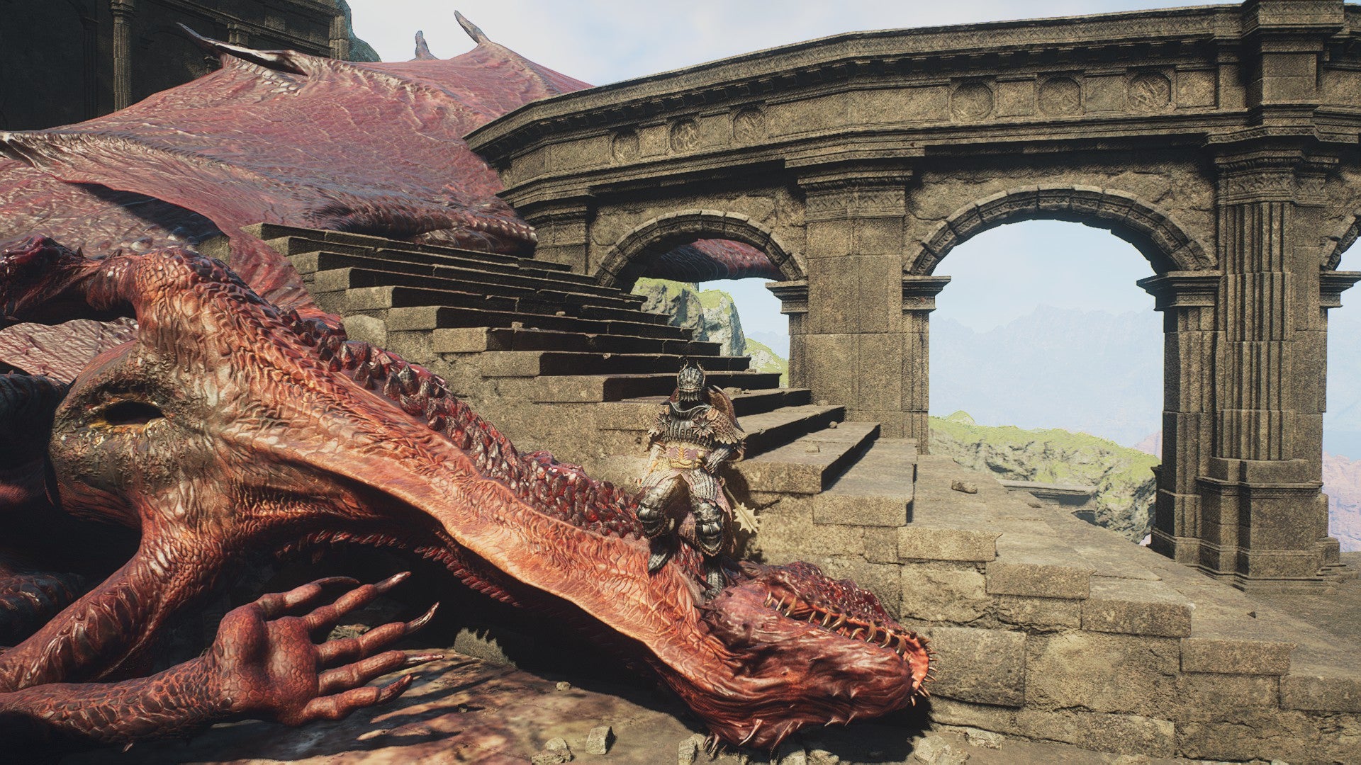 A well-armored Arisen stands victorious over a dragon in Dragon's Dogma 2. - 1