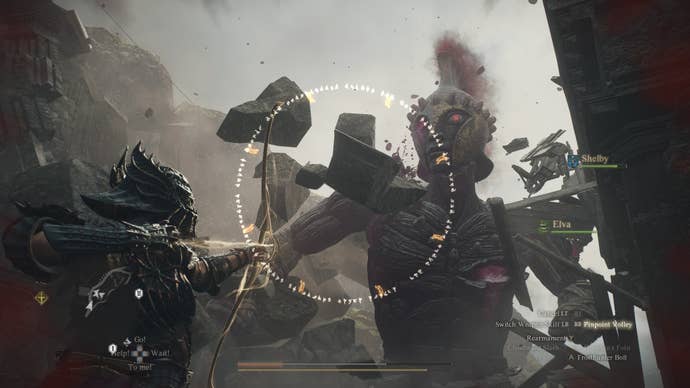 Shooting arrows at the Gigantus in Dragon’s Dogma 2.