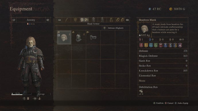 A screenshot of the Dragon's Dogma 2 menu, showing a Beastren mask.