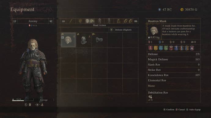 A screenshot of the Dragon’s Dogma 2 menu, showing a Beastren mask.