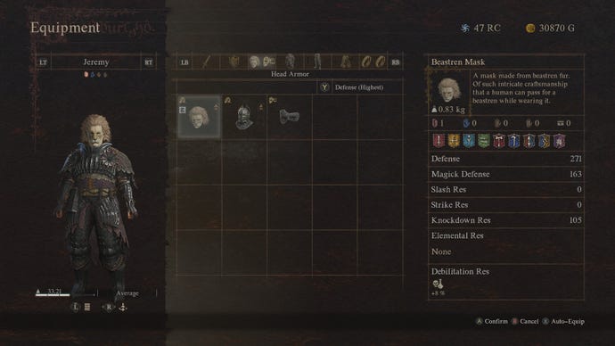 A screenshot of the Dragon’s Dogma 2 menu, showing a Beastren mask.