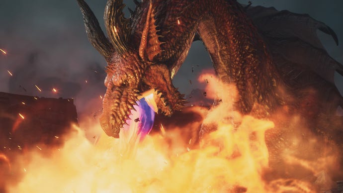 The titular Dragon of Dragon's Dogma 2 breathes a deadly fire stream.