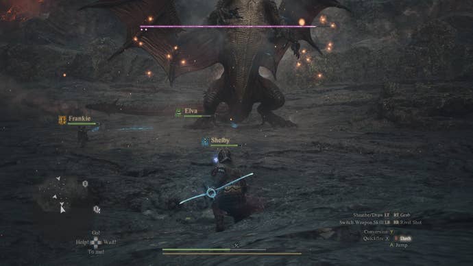 Fighting the Dragon in Dragon’s Dogma 2, and preparing to avoid its fire laser blasts.