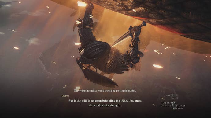 An Arisen about to plunge the Empowered Godsbane Blade into their heart in Dragon’s Dogma 2.