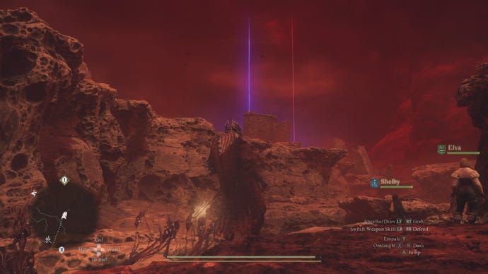 Un Arisen y su grupo observan siniestras balizas rojas en el cielo en Dragon's Dogma 2.