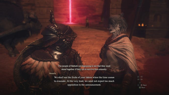A screenshot showing Manella of Dragon's Dogma 2 talking to the Arisen.