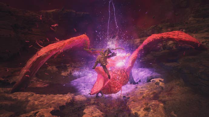 About to stab a Purgener Dragon in the head in Dragon’s Dogma 2.