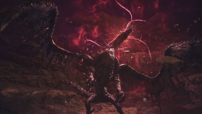 One of the Purgener Dragons of Dragon’s Dogma 2 writhes in agony as it dies.