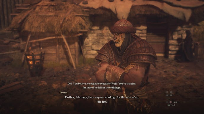 The Beastren guard Ernesto speaks to the player in Dragon's Dogma 2.