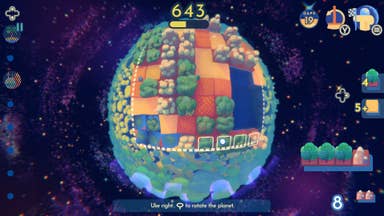 A Planetiles game in motion, with a fish-eye view of a planet, divided into squares with tiles of desert, forest, sand and fields.