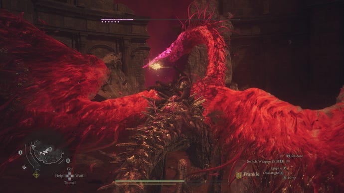Climbing atop the back of a deadly Purgener Dragon in Dragon's Dogma 2.